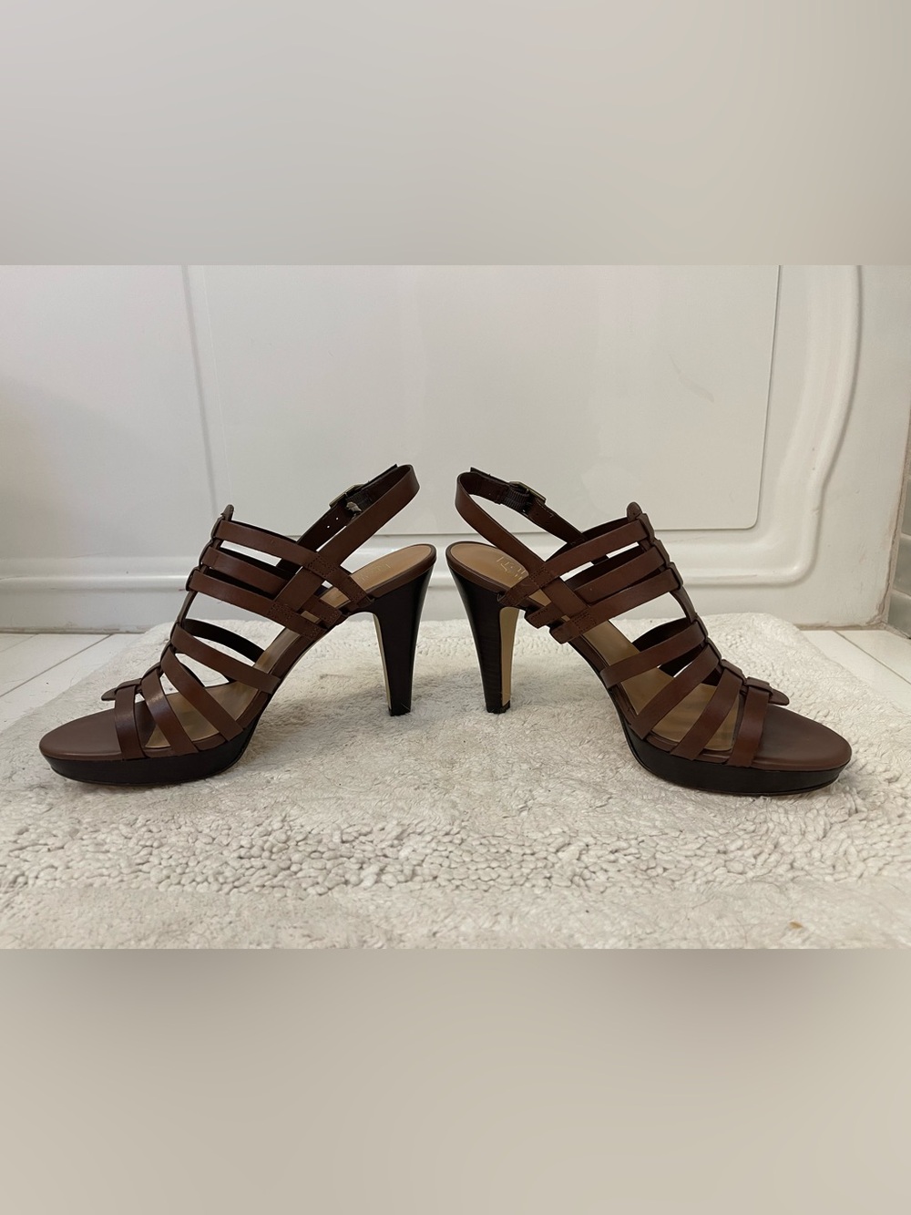 Franco Sarto Martinez Brown Leather High-Heel Sandals Size 9 - Picture 5 of 10